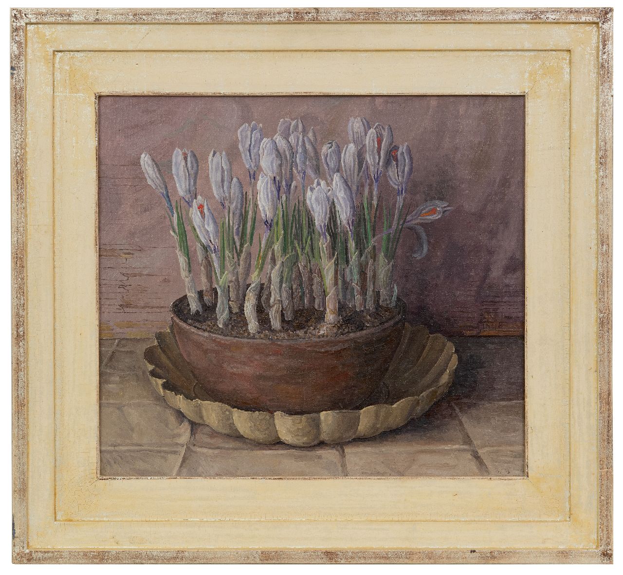 Nieweg J.  | Jakob Nieweg | Schilderijen te koop aangeboden | Pot met krokussen, olieverf op doek 40,2 x 45,3 cm, gesigneerd rechts van het midden met monogram en gedateerd 1948