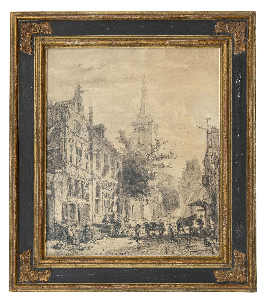 Springer C.  | Cornelis Springer | Aquarellen en tekeningen te koop aangeboden | Gezicht op de Nieuwstraat in Hasselt, Overijssel, houtskool op papier 61,1 x 51,0 cm, gesigneerd rechtsonder en gedateerd 'Hasselt' April 1863