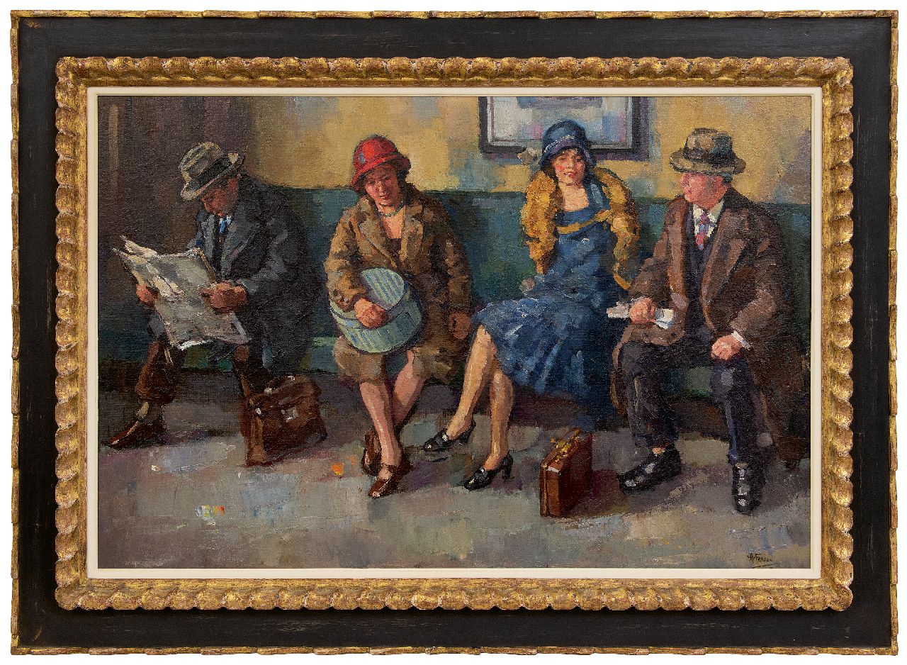 Fresco A.  | Abraham Fresco, In de stationswachtkamer, olieverf op doek op paneel 60,9 x 90,0 cm, gesigneerd rechtsonder