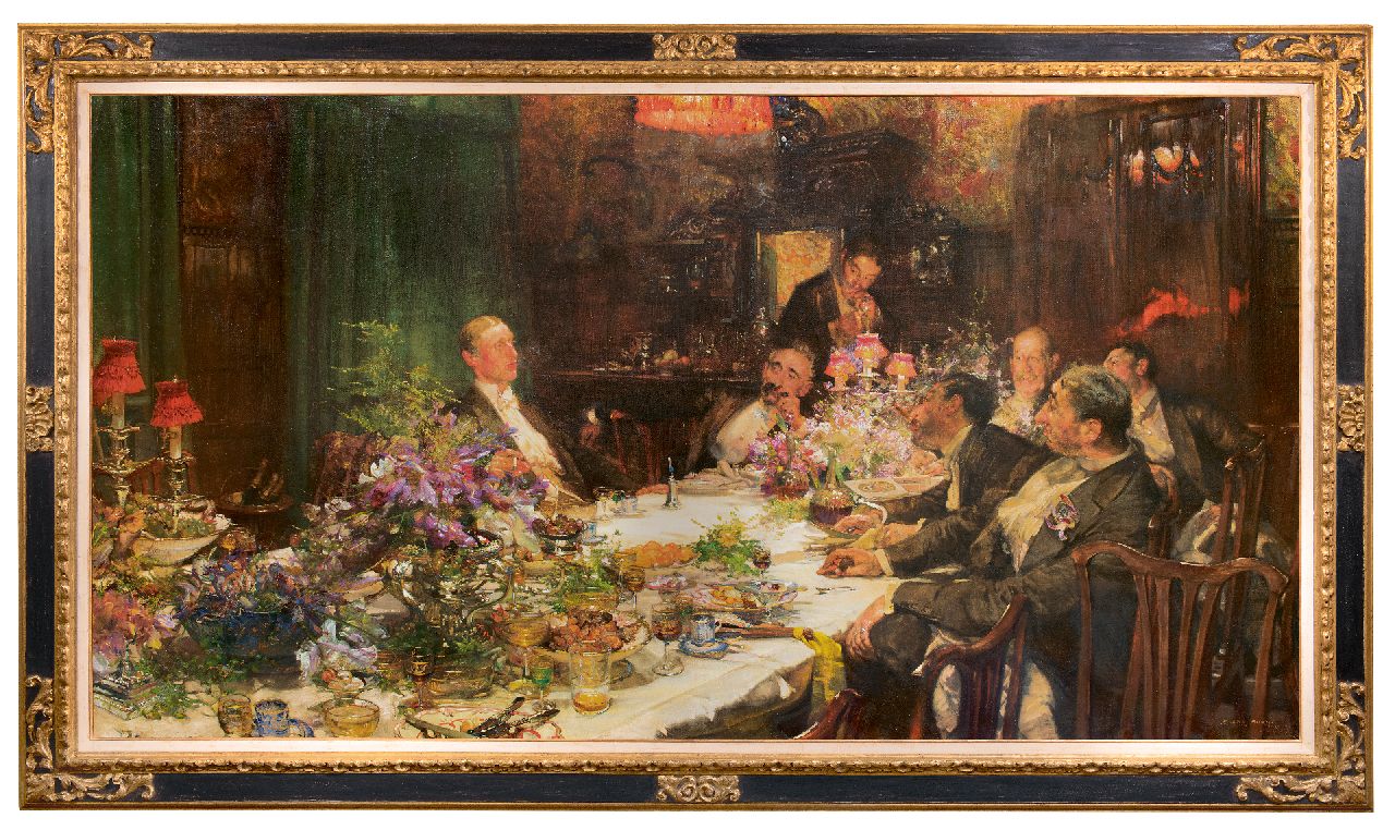 Bundy E.  | Edgar Bundy, Tijd voor geldzaken, olieverf op doek 135,0 x 256,0 cm, gesigneerd rechtsonder en gedateerd 1913
