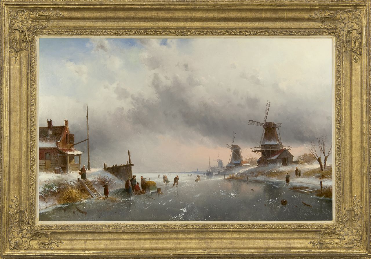 Leickert C.H.J.  | 'Charles' Henri Joseph Leickert | Schilderijen te koop aangeboden | Winterlandschap met figuren op een bevroren rivier, olieverf op doek 61,9 x 100,2 cm, gesigneerd rechtsonder en gedateerd '81