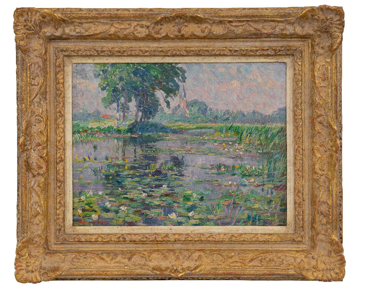 Meijer J. | Johannes 'Johan' Meijer, Waterplas met bloeiende waterlelies bij Kortenhoef, olieverf op doek 22,7 x 29,5 cm, gesigneerd linksonder en op spieraam Meijer J. | Johannes 'Johan' Meijer, Waterplas met bloeiende waterlelies bij Kortenhoef, olieverf op doek 22,7 x 29,5 cm, gesigneerd linksonder en op spieraam