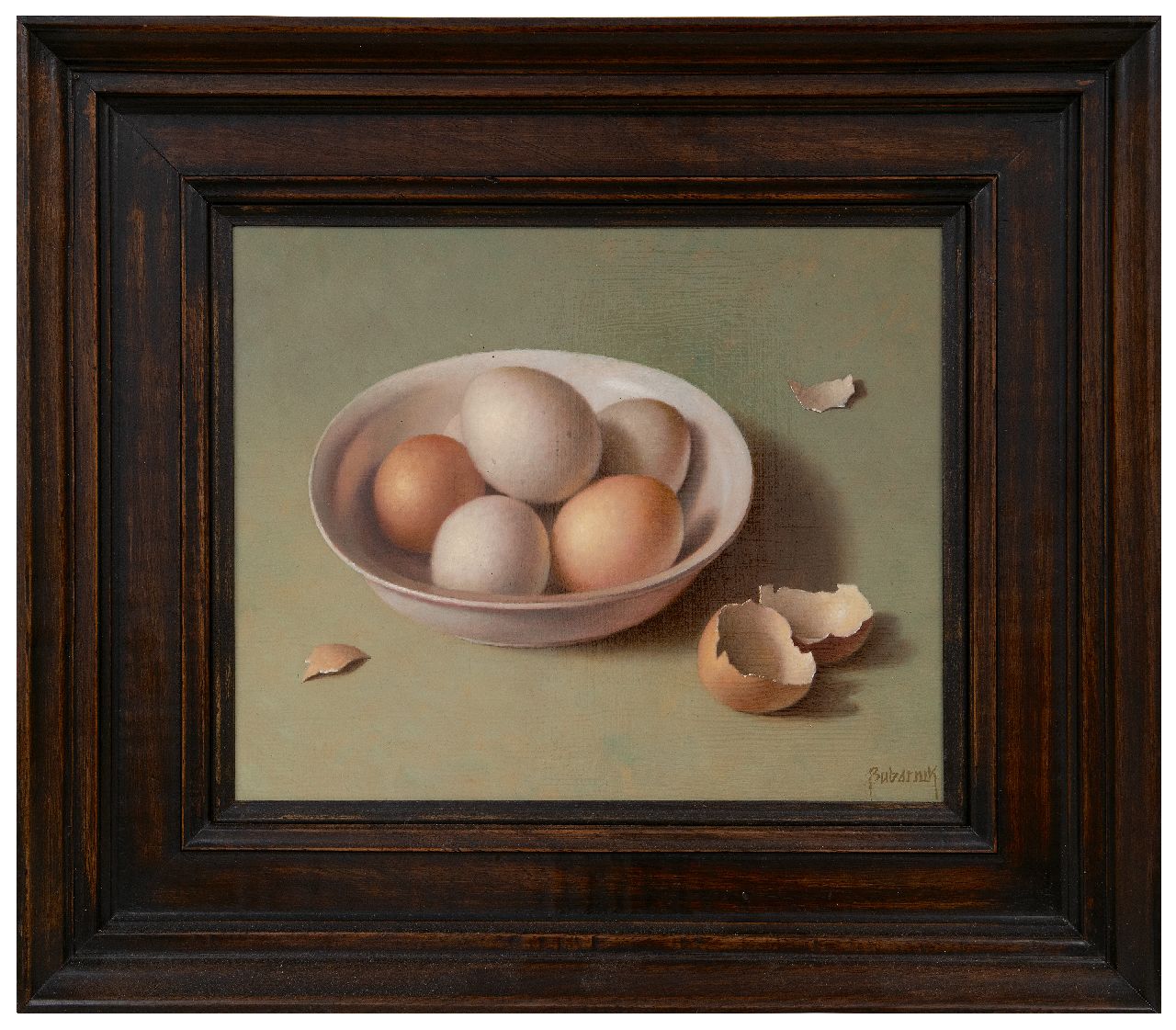 Bubarnik A.G. | Andreas Gyula Bubarnik | Schilderijen te koop aangeboden | Stilleven met eieren in een kom, olieverf op paneel 24,1 x 30,1 cm, gesigneerd rechtsonder Bubarnik A.G. | Andreas Gyula Bubarnik | Schilderijen te koop aangeboden | Stilleven met eieren in een kom, olieverf op paneel 24,1 x 30,1 cm, gesigneerd rechtsonder