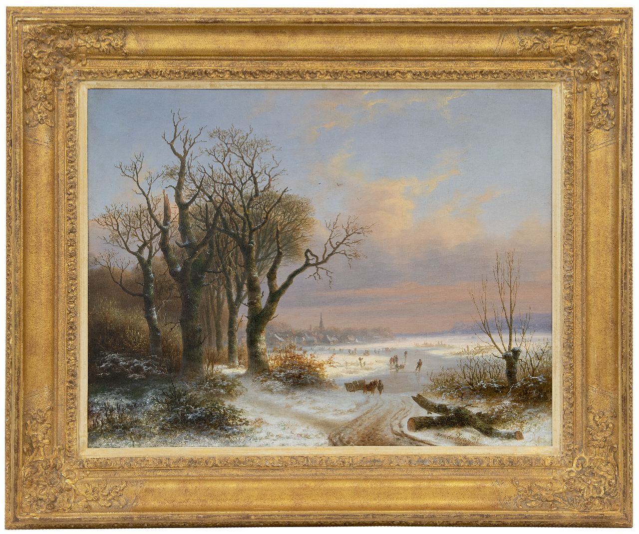 Vijver W.S.P. van der | Willem Simon Petrus van der Vijver, Winterlandschap met schaatsers bij een dorp, olieverf op doek 48,8 x 62,5 cm, gesigneerd rechtsonder en gedateerd 1854 Vijver W.S.P. van der | Willem Simon Petrus van der Vijver, Winterlandschap met schaatsers bij een dorp, olieverf op doek 48,8 x 62,5 cm, gesigneerd rechtsonder en gedateerd 1854