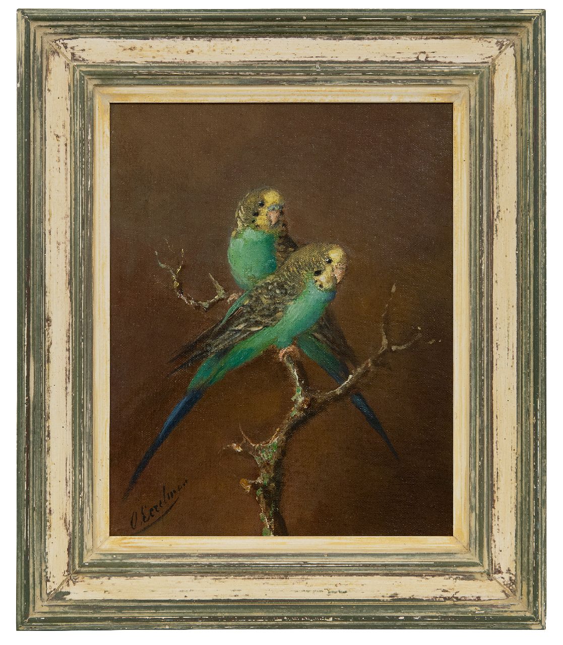 Eerelman O. | Otto Eerelman, Twee grasparkieten, olieverf op schildersboard 30,4 x 23,7 cm, gesigneerd linksonder en zonder lijst Eerelman O. | Otto Eerelman, Twee grasparkieten, olieverf op schildersboard 30,4 x 23,7 cm, gesigneerd linksonder en zonder lijst