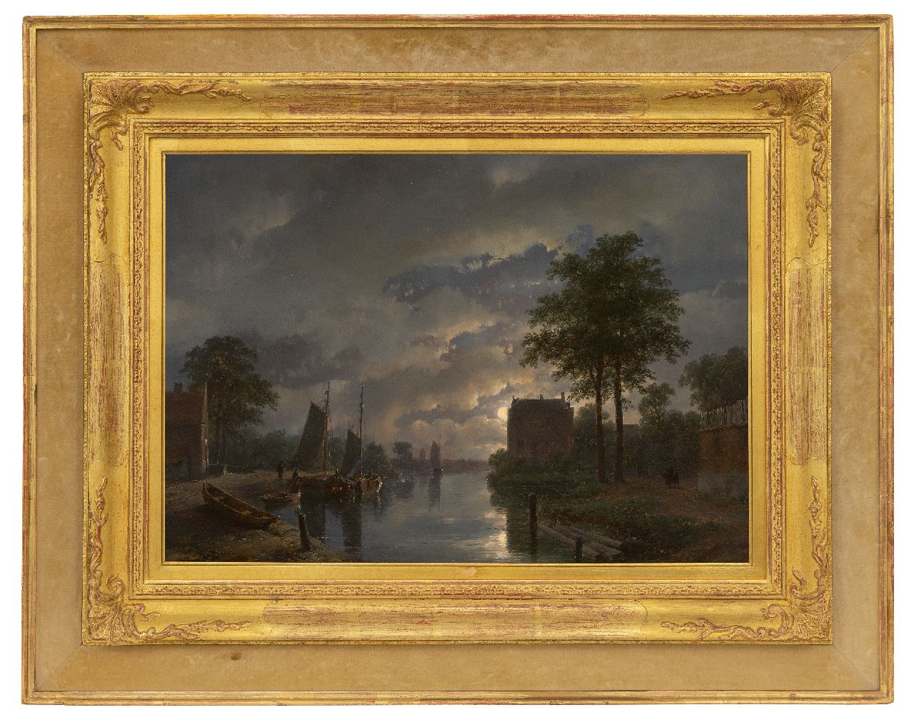 Schelfhout A.  | Andreas Schelfhout, Riviergezicht bij maanlicht, olieverf op paneel 32,5 x 45,9 cm, gesigneerd rechtsonder en gedateerd '57