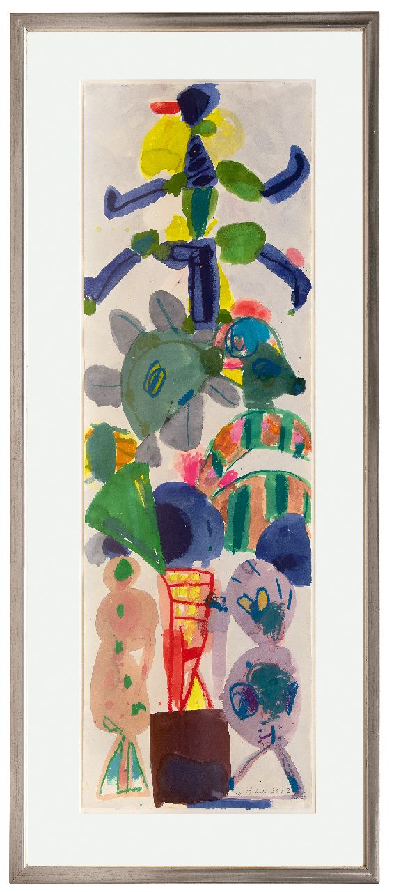 Haan J. de | Jurjen de Haan | Aquarellen en tekeningen te koop aangeboden | Totempaal, gouache op papier 120,0 x 40,0 cm, gesigneerd rechtsonder en gedateerd 2002