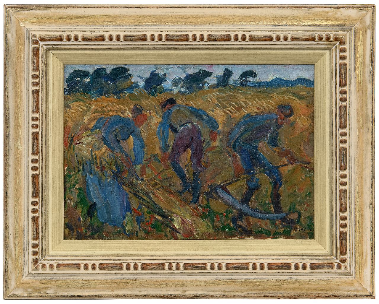 Dijkstra J.  | Johannes 'Johan' Dijkstra | Schilderijen te koop aangeboden | Maaiende landarbeiders, Groningen, olieverf op doek op paneel 21,5 x 30,2 cm, gesigneerd rechtsonder en te dateren medio jaren 20