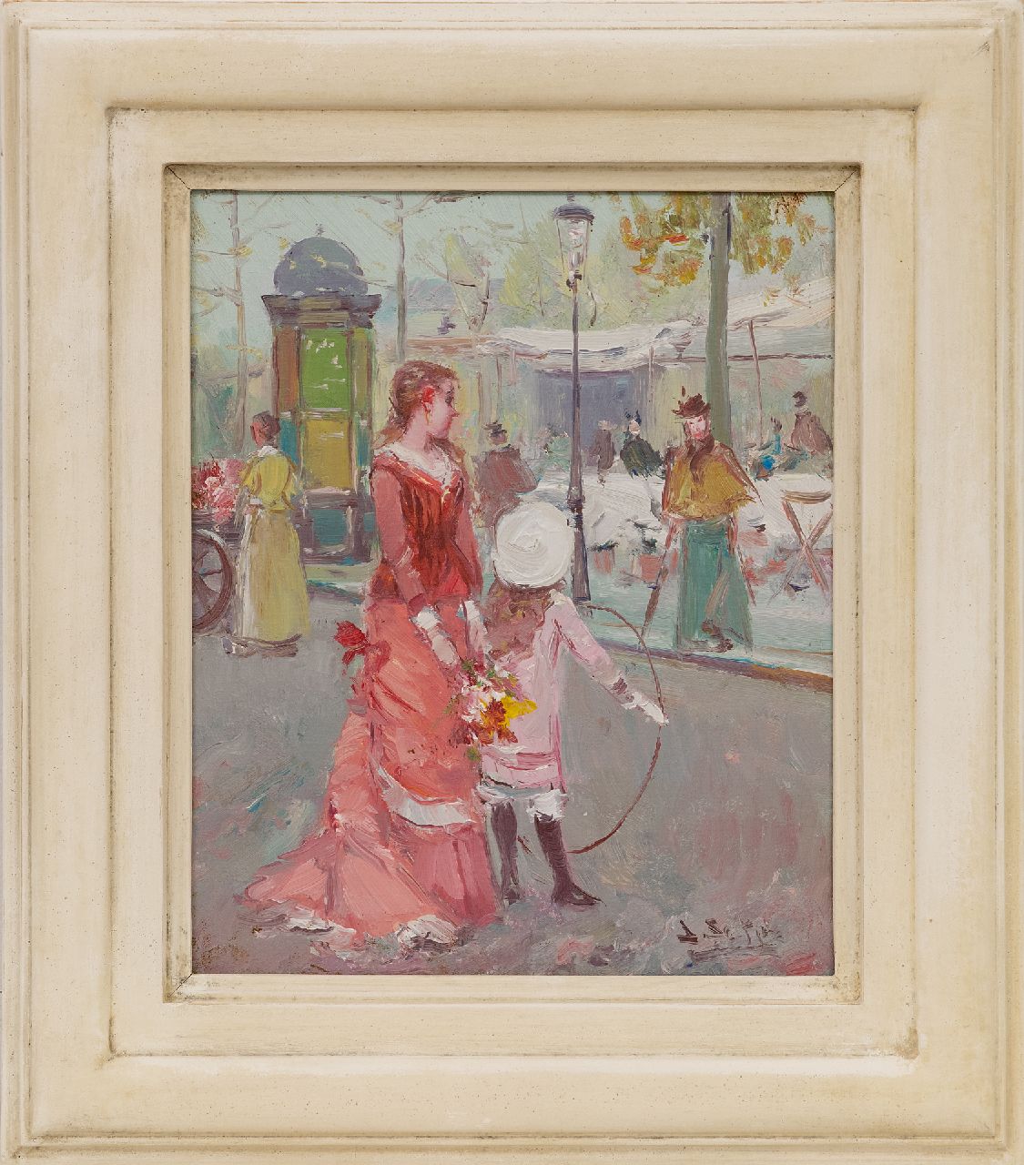 Soler J. | Juan Soler | Schilderijen te koop aangeboden | Moeder en kind op een Parijse boulevard, olieverf op doek op paneel 27,0 x 22,0 cm, gesigneerd rechtsonder Soler J. | Juan Soler | Schilderijen te koop aangeboden | Moeder en kind op een Parijse boulevard, olieverf op doek op paneel 27,0 x 22,0 cm, gesigneerd rechtsonder