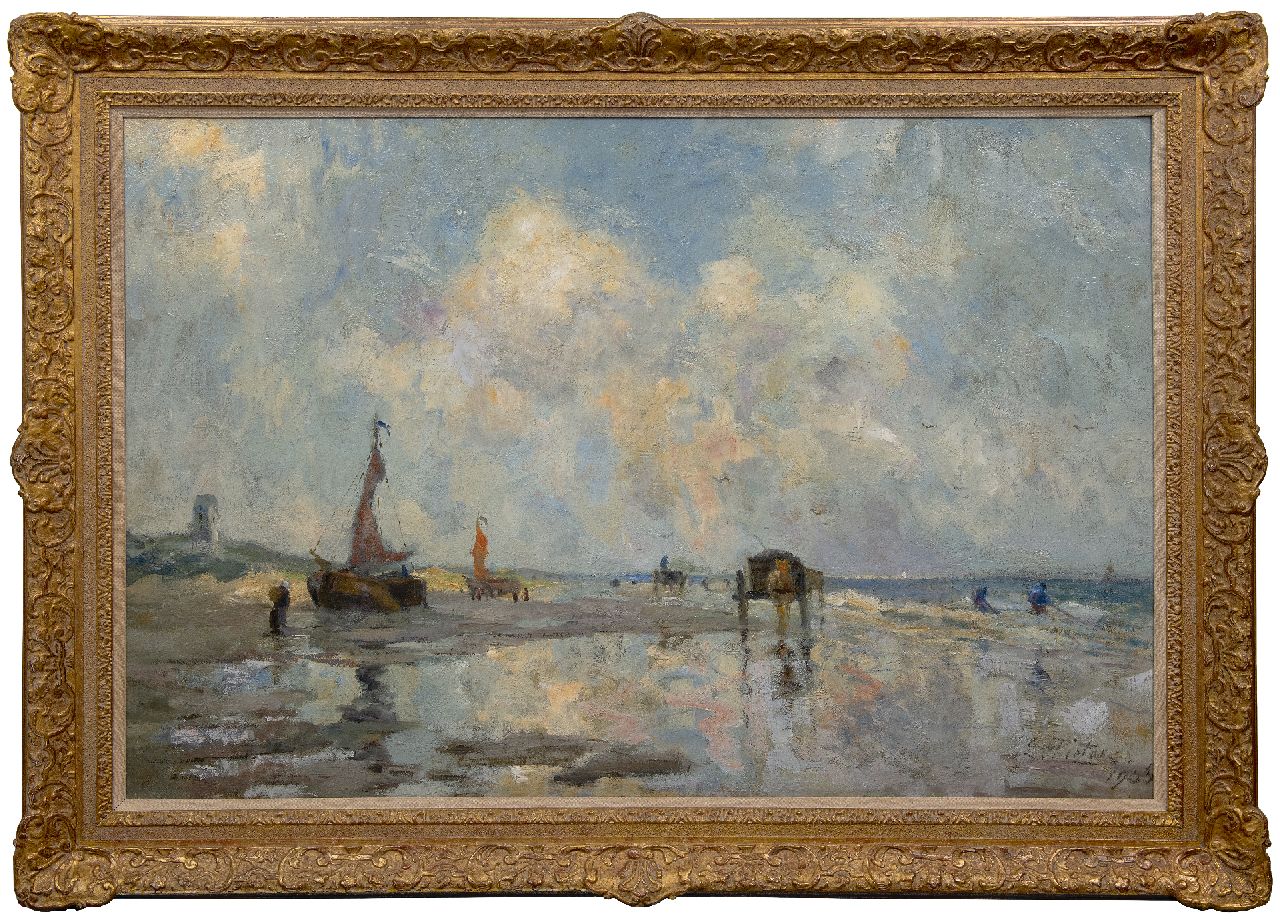 Pieters E. | Evert Pieters, Strand bij Katwijk met bomschuiten en schelpenvissers, olieverf op doek 85,5 x 130,2 cm, gesigneerd rechtsonder en gedateerd 1906 Pieters E. | Evert Pieters, Strand bij Katwijk met bomschuiten en schelpenvissers, olieverf op doek 85,5 x 130,2 cm, gesigneerd rechtsonder en gedateerd 1906