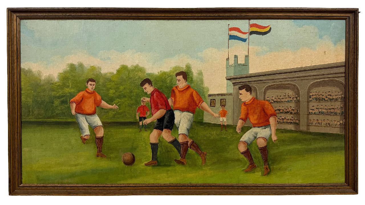Hollandse School, begin 20e eeuw   | Hollandse School, begin 20e eeuw | Schilderijen te koop aangeboden | Voetballers, olieverf op doek op schildersboard 44,5 x 88,0 cm, te dateren ca. 1930