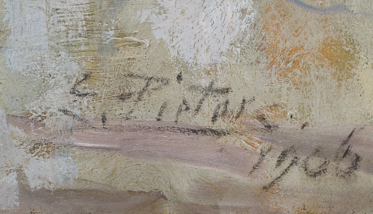 Evert Pieters signaturen Strand bij Katwijk met bomschuiten en schelpenvissers