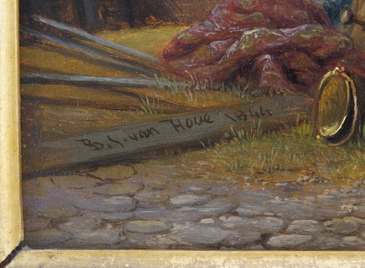 Bart van Hove signaturen Stadsgezicht met op de voorgrond een antiekhandelaar