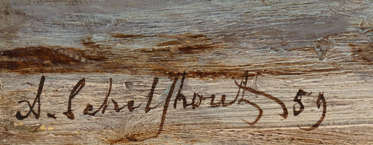 Andreas Schelfhout signaturen Strandgezicht met schepen, vissers en elegante wandelaars