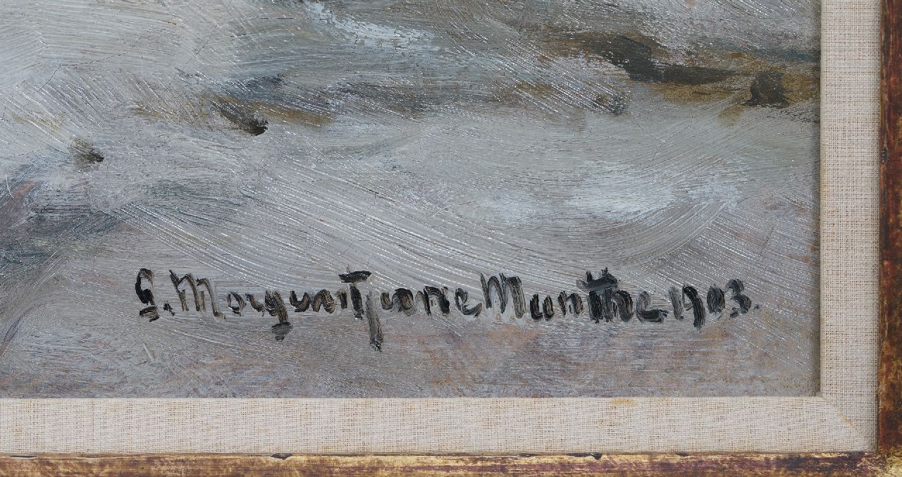 Morgenstjerne Munthe signaturen Besneeuwd strand met bomschuit