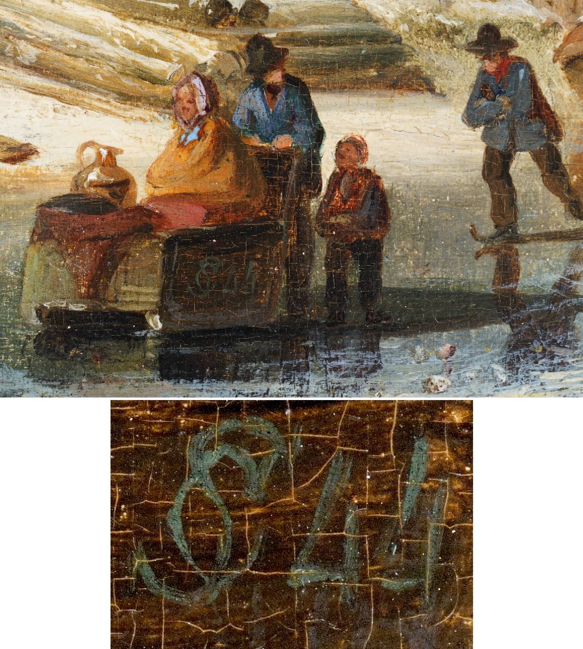 Cornelis Springer signaturen Dorp in de winter met schaatsers en een ophaalbrug in de verte