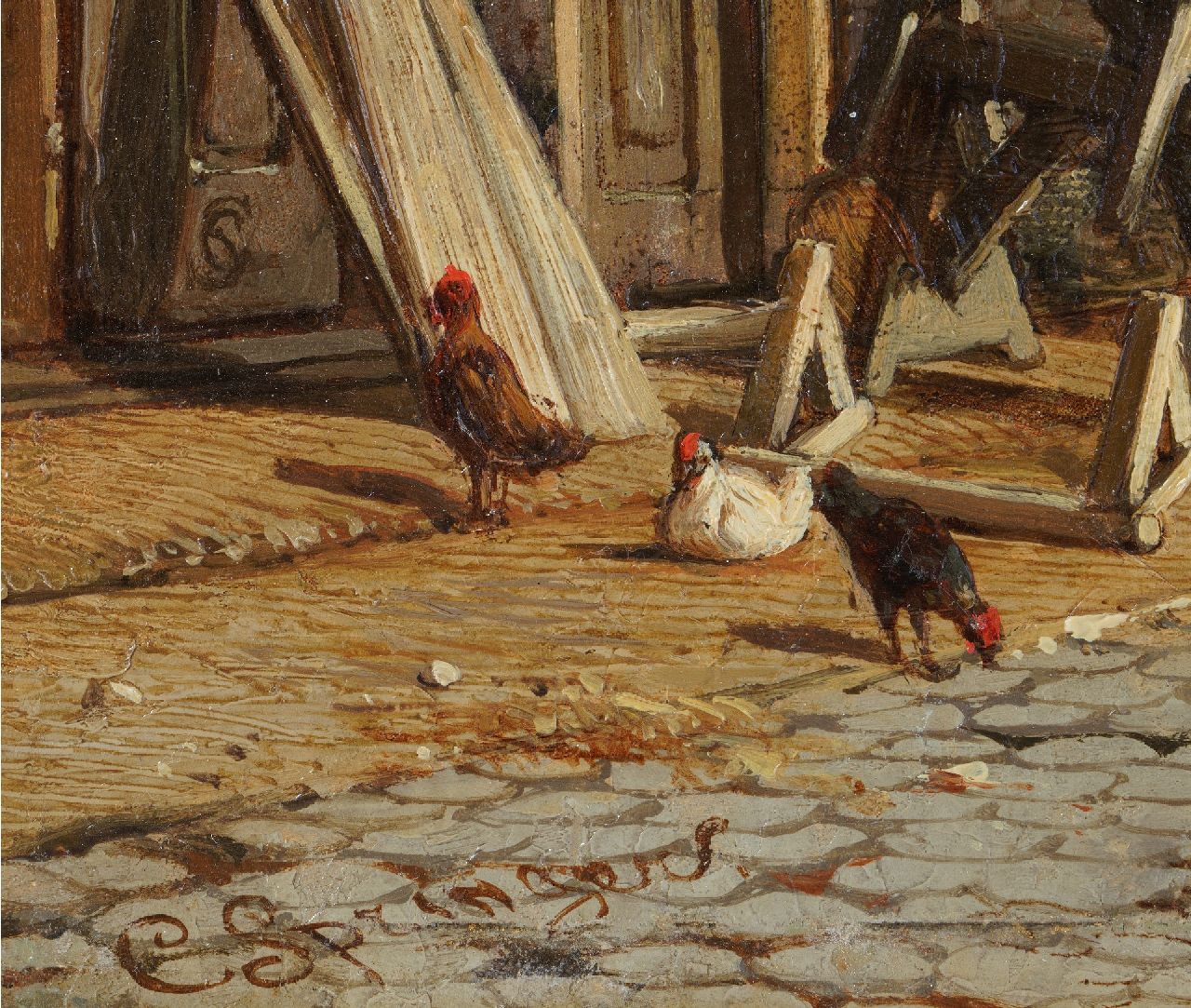 Cornelis Springer signaturen Bouwwerkzaamheden aan een Oudhollands huis