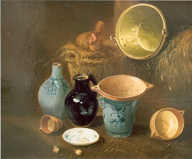 Lammers W.A.  | Stilleven van keukenattributen, olieverf op paneel 22,6 x 28,4 cm