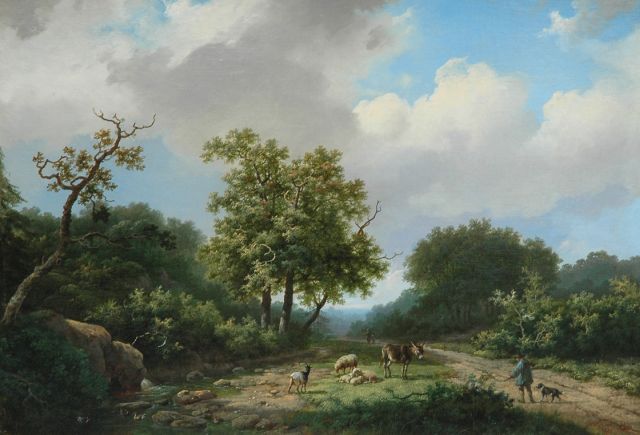 Marinus Adrianus Koekkoek I | Beboste beekvallei met vee en herder, olieverf op doek, 43,1 x 62,1 cm, gesigneerd r.o. en gedateerd 1855