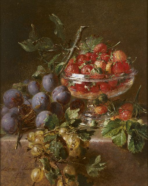 Haanen A.J.  | Fruitstilleven met pruimen, kruisbessen en aardbeien in glazen schaal, olieverf op paneel 38,3 x 30,3 cm, gesigneerd l.o. en gedateerd 1871