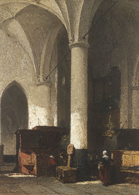 Bosboom J.  | Interieur van de Hervormde Kerk te Hattem, zuidelijke zijbeuk, gezien naar het middenschip, olieverf op paneel 38,0 x 28,6 cm, gesigneerd l.o.