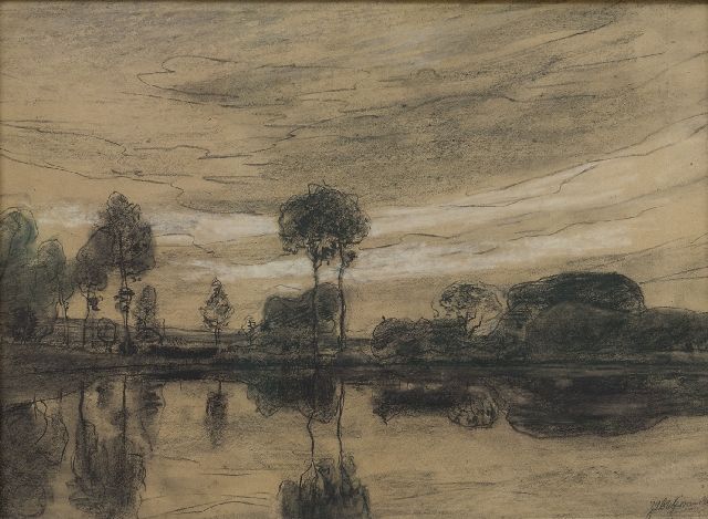 Jan Hillebrand Wijsmuller | Bäume am Wasser, Schwarze Kreide auf Papier, 42,0 x 57,0 cm, Unterzeichnet r.u.