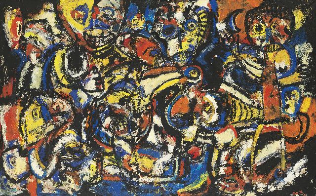 Gust Romijn | Compositie met figuren en dieren, olieverf op doek, 60,2 x 99,8 cm, gesigneerd m.o. en 1950