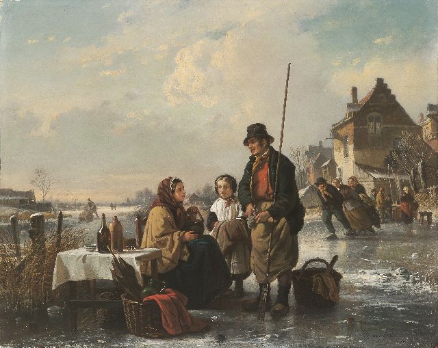 Jan Michiel Ruyten | Verkoopster van koek-en-zopie, olieverf op paneel, 40,9 x 51,8 cm, gesigneerd r.o. en gedateerd 'Antw. 1860'