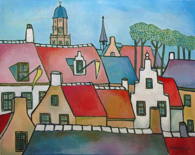 Toon Tieland | Stadsgezicht, olieverf op doek, 40,0 x 50,0 cm, gesigneerd r.o. en gedateerd '74