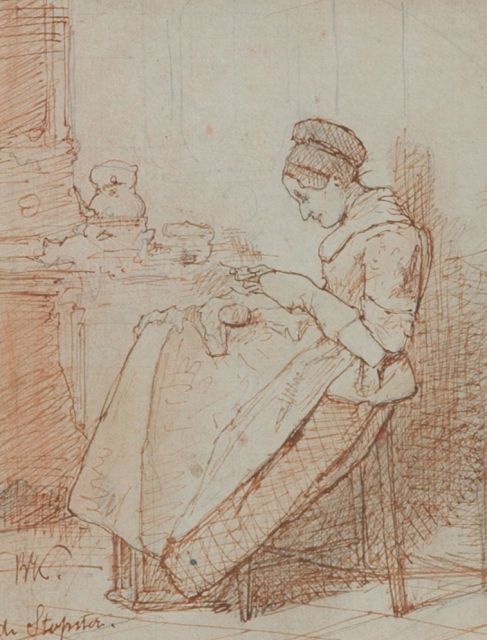 Bakker Korff A.H.  | A woman mending, Bleistift, Feder in brauner Tinte auf Papier 16,1 x 12,4 cm, signed l.l. with initials