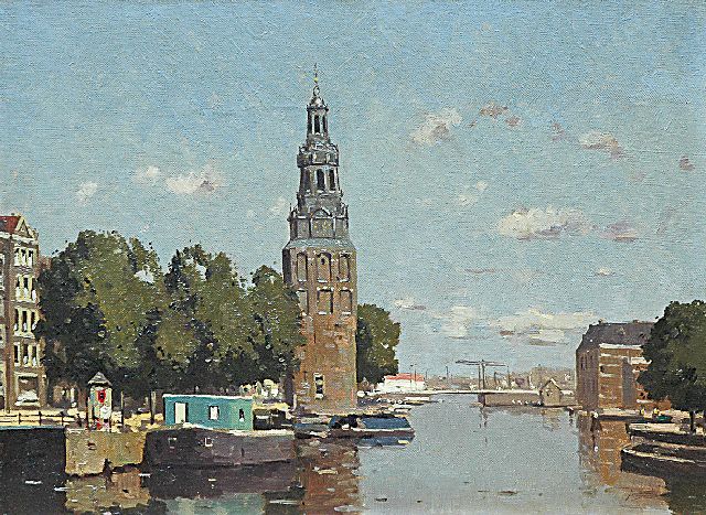 Gerrit van Jeveren | Gezicht op de Montelbaanstoren aan de Oude Schans, Amsterdam i.o., olieverf op doek, 30,3 x 40,5 cm, gesigneerd r.o. (resten)