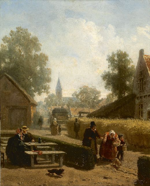 Hoevenaar sr. C.W.  | Zomermiddagvermaak in een dorpje, olieverf op paneel 34,8 x 28,5 cm, gesigneerd l.o. (vaag)