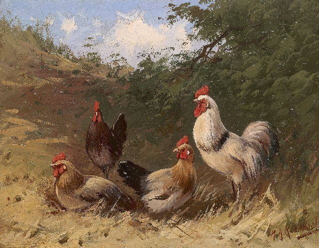 Koekkoek II M.A.  | Landschap met kippen en haan, olieverf op schildersboard 14,1 x 18,1 cm, gesigneerd r.o.