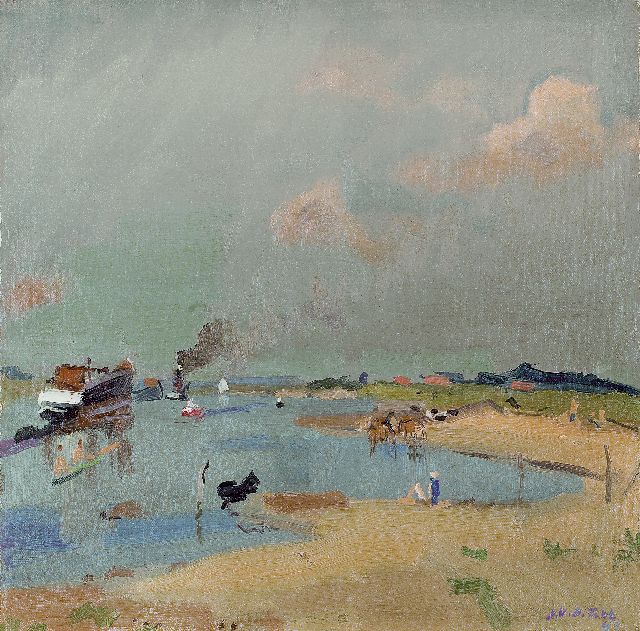 Jan van der Zee | Het Reitdiep, Groningen; verso: Het Paterswoldsemeer, olieverf op doek, 50,2 x 50,4 cm, gesigneerd r.o en gedateerd '43