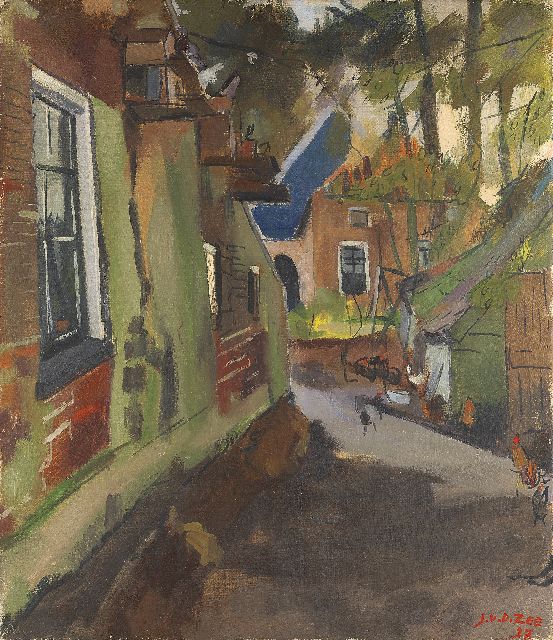 Jan van der Zee | Dorpsstraatje; verso: Akkerlandschap met de kerktorens van Zuidwolde, olieverf op doek, 69,8 x 60,3 cm, gesigneerd r.o. en gedateerd '37