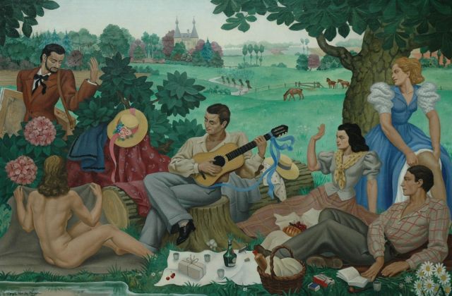 Omer van de Weyer | Picknick on der boom, olieverf op doek, 100,0 x 149,5 cm, gesigneerd l.o.