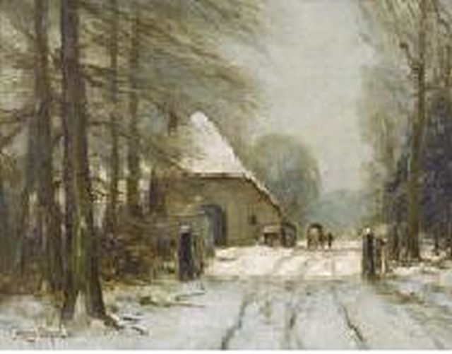Louis Apol | Een boerderijtje in de sneeuw i.o., olieverf op paneel, 30,5 x 41,0 cm, gesigneerd l.o.