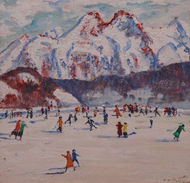 Agutte G.  | Schaatsen in St. Moritz, gouache op board 23,5 x 24,3 cm, gesigneerd r.o. en gedateerd 'St. Moritz 1918'