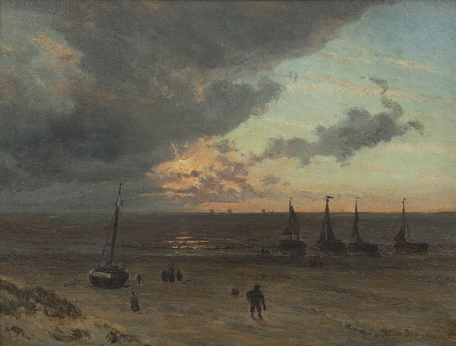 Willem van Deventer | Strandansicht mit Fischerbooten bei untergehender Sonne, Öl auf Papier auf Holz, 32,0 x 41,6 cm, Unterzeichnet r.u.
