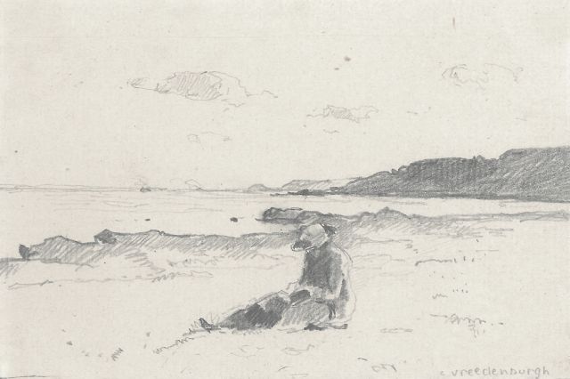 Vreedenburgh C.  | Frau lesend am Strand, Bleistift und Aquarell auf Papier 9,1 x 14,0 cm, Unterzeichnet r.u.