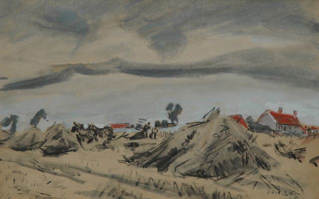 Zee J. van der | Akker met ploegende boer, krijt, aquarel en gouache op papier 31,5 x 50,0 cm, gesigneerd r.o. en gedateerd '46