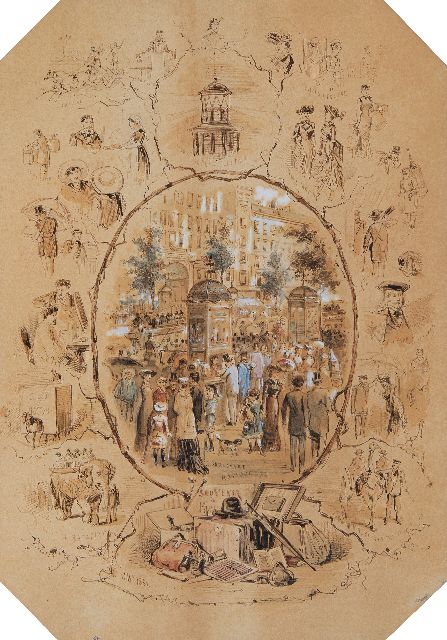 Franse School, 2e helft 19e eeuw   | Souvenirs de Paris, inkt, aquarel en gouache op papier 37,7 x 26,4 cm, gesigneerd l.o. met initialen 'C.R.s' en gedateerd 1881