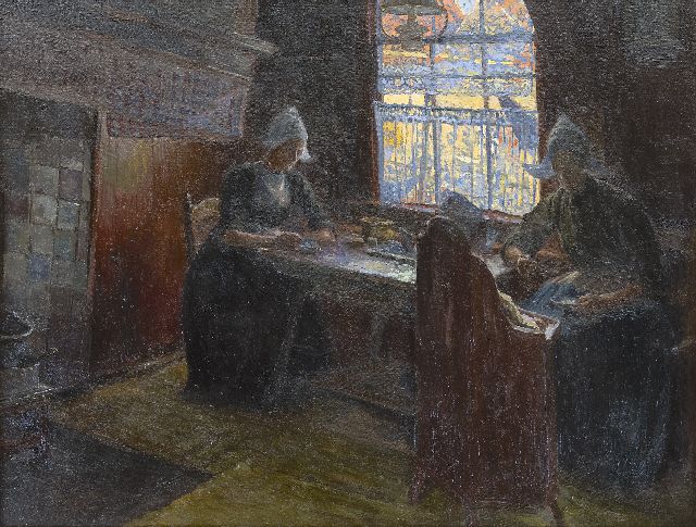 Jules Benoit-Levy | Volendamse vrouwen poserend in Hotel Spaander, olieverf op doek, 53,2 x 69,9 cm, gesigneerd r.o.