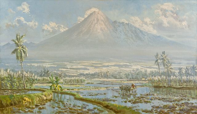 Abdullah R.B.  | Ploegende Javaanse boer met op de achtergrond de Merapi, olieverf op doek 75,0 x 130,0 cm, gesigneerd r.o.