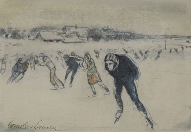 Cornelis van Leeuwen | Schaatsers, krijt, inkt en aquarel op papier, 14,3 x 20,1 cm, gesigneerd l.o.