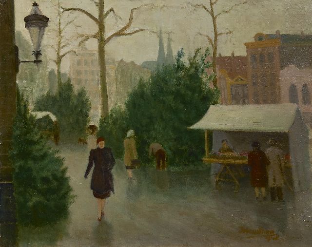 Jan Jacob Houillier | Kerstmarkt op het Singel, Amsterdam, olieverf op board, 40,3 x 50,4 cm, gesigneerd r.o. en gedateerd 1948