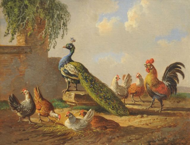 Albertus Verhoesen | Pfau zwischen Hühnern, Öl auf Holz, 10,9 x 14,0 cm, Unterzeichnet r.u. und datiert 1864