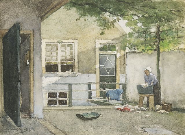 Weissenbruch H.J.  | Wasdag: uitzicht vanuit het atelier van de schilder op de binnenplaats van zijn huis aan de Kazernestraat, Den Haag, zwart krijt, aquarel en gouache op schildersboard 52,8 x 71,8 cm, gesigneerd l.o.