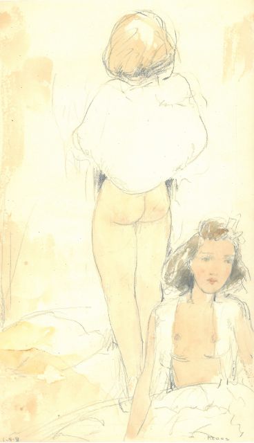 Kloos C.  | Zwei Frauen, halbnackt, Bleistift und Aquarell auf Papier 30,8 x 18,0 cm, Unterzeichnet r.u. und datiert 1-4-41