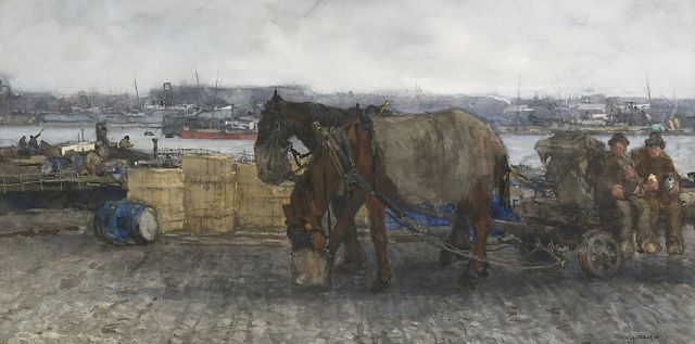 Johan Hendrik van Mastenbroek | Schafttijd in de haven van Rotterdam, aquarel op papier, 46,5 x 91,0 cm, gesigneerd r.o.